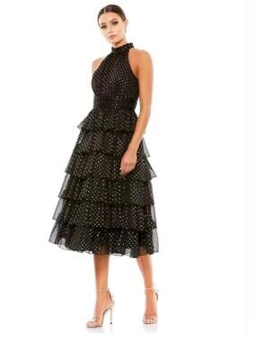 NWT Mac Duggal Layered Black Gold Polka Dot Halter Cocktail Dress Size 8 49510